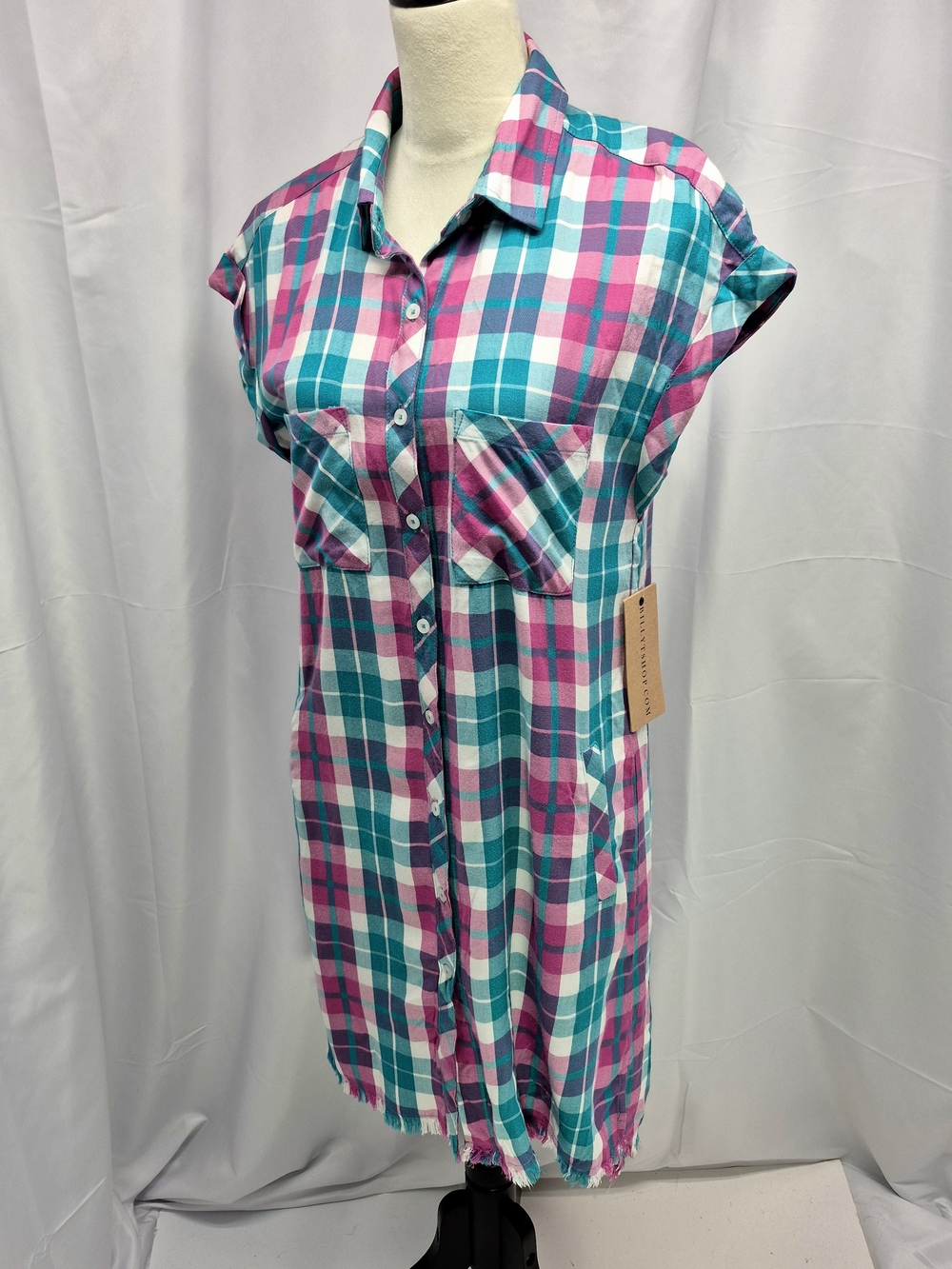 NWT Billy T Watermelon Plaid Frayed Hem Shirtdress Casual Sleeveless Mini M